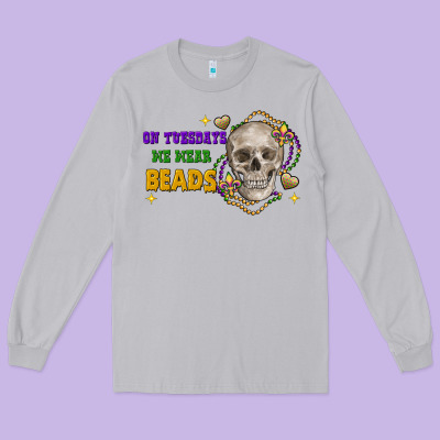 On Tuesdays We Wear Beads Skull Long Sleeve Tee Designed By Fadigitalartstudio