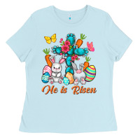 Baby Blue He is risen with Cross Easter Day Ladies Tee - HowdyJamesFarm