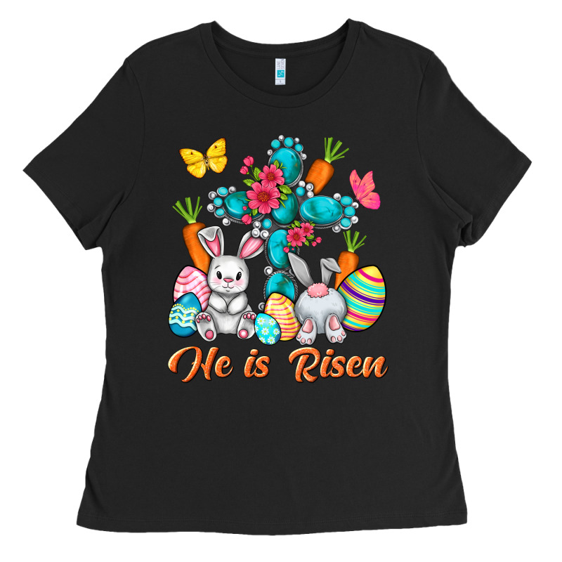 He Is Risen With Cross Easter Day Ladies Tee by HowdyJamesFarm | Teevron