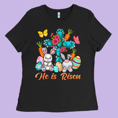 He Is Risen With Cross Easter Day Ladies Tee Designed By Howdyjamesfarm