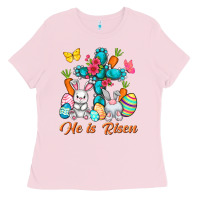 Bubblegum Pink He is risen with Cross Easter Day Ladies Tee - HowdyJamesFarm