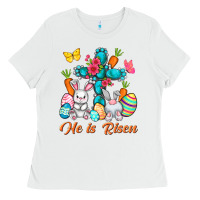 White He is risen with Cross Easter Day Ladies Tee - HowdyJamesFarm