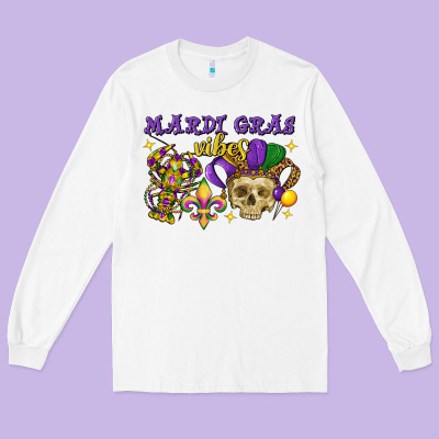 Mardi Gras Vibes Skull Long Sleeve Tee Designed By Fadigitalartstudio
