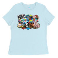 Baby Blue Autism truck with farm animals Ladies Tee - CowGirlArtShop
