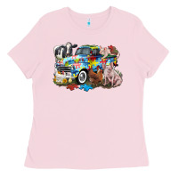 Bubblegum Pink Autism truck with farm animals Ladies Tee - CowGirlArtShop
