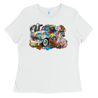 White Autism truck with farm animals Ladies Tee - CowGirlArtShop