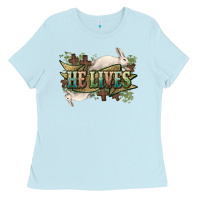 Baby Blue He lives Easter Day Ladies Tee - HowdyJamesFarm