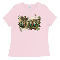 Bubblegum Pink He lives Easter Day Ladies Tee - HowdyJamesFarm
