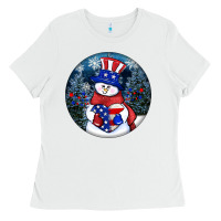 White Patriotic snowman ornament 4th of july Ladies Tee - HowdyJamesFarm