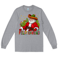 Heather Grey Feliz Navidad Santa With Cactus Long Sleeve Tee - BundleAndBundleShop