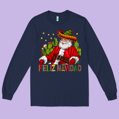 Feliz Navidad Santa With Cactus Long Sleeve Tee Designed By Bundleandbundleshop