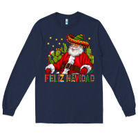 Navy Feliz Navidad Santa With Cactus Long Sleeve Tee - BundleAndBundleShop