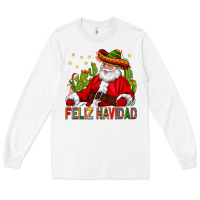 White Feliz Navidad Santa With Cactus Long Sleeve Tee - BundleAndBundleShop