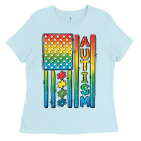 Baby Blue Autism American Flag Ladies Tee - CowGirlArtShop