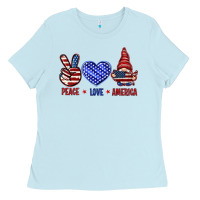 Baby Blue Peace love America with gnome 4th of july Ladies Tee - HowdyJamesFarm