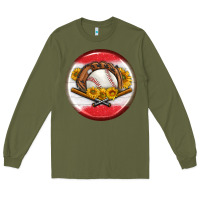 Army Green baseball with sunflower round earrings Long Sleeve Tee - BundleAndBundleShop