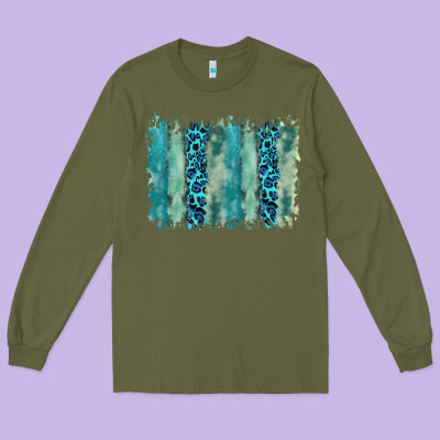 Turquoise Leopard Watercolor Brushstroke Background Long Sleeve Tee Designed By Ranaportraitstore