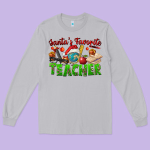 Santa's Favorite Teacher Long Sleeve Tee Designed By Fadigitalartstudio