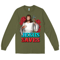 Army Green Jesus Saves Long Sleeve Tee - BundleAndBundleShop