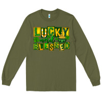 Army Green St Patricks Day Lucky And Blessed Long Sleeve Tee - FaDigitalArtStudio