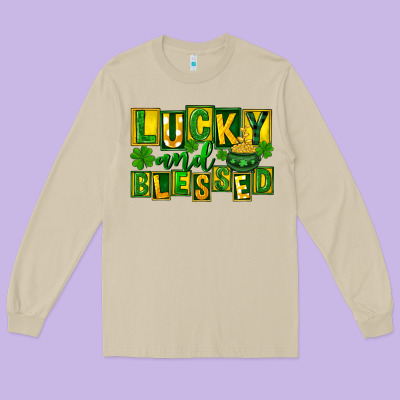 St Patricks Day Lucky And Blessed Long Sleeve Tee Designed By Fadigitalartstudio