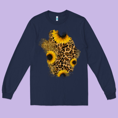 Glitter Sunflowers Leopard Patch Long Sleeve Tee Designed By Ranaportraitstore
