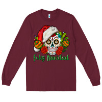 Burgundy Feliz Navidad Skull Long Sleeve Tee - BundleAndBundleShop