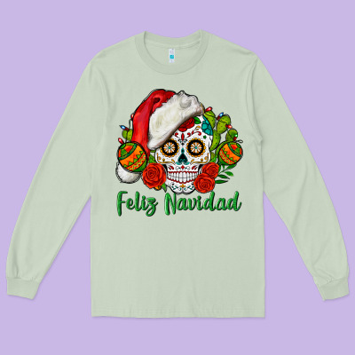 Feliz Navidad Skull Long Sleeve Tee Designed By Bundleandbundleshop