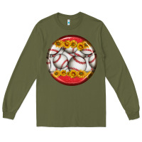 Army Green baseball with sunflower round earrings Long Sleeve Tee - BundleAndBundleShop