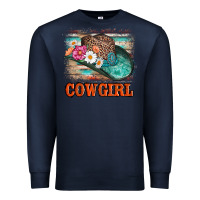 Navy cowgirl hat flowers leopard and  leather Premium Sweatshirt - AdoDesignShop