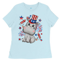 Baby Blue fourth of july hippopotamus Ladies Tee - CowGirlArtShop