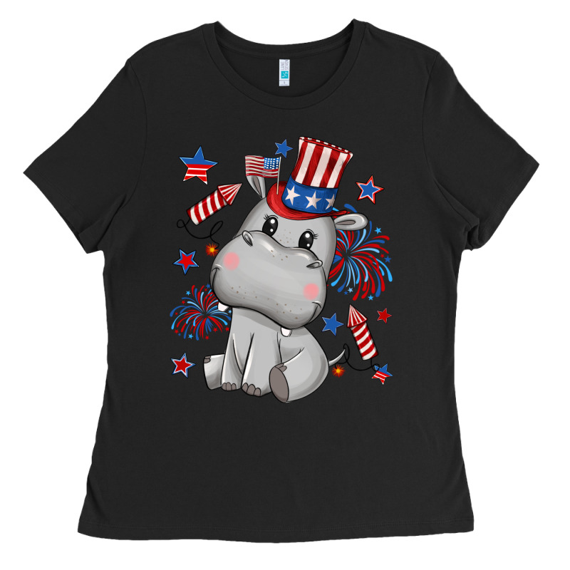 Fourth Of July Hippopotamus Ladies Tee by CowGirlArtShop | Teevron