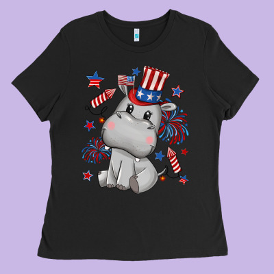 Fourth Of July Hippopotamus Ladies Tee Designed By Cowgirlartshop