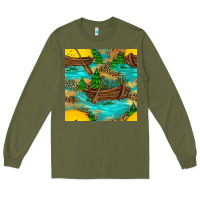 Army Green Lake Boat Rudder And Sunflowers Seamless Pattern Long Sleeve Tee - BundleAndBundleShop