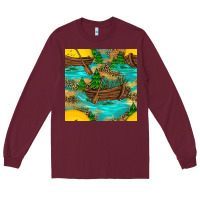 Lake Boat Rudder And Sunflowers Seamless Pattern Long Sleeve Tee | Teevron