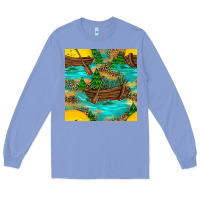 Colony Blue Lake Boat Rudder And Sunflowers Seamless Pattern Long Sleeve Tee - BundleAndBundleShop
