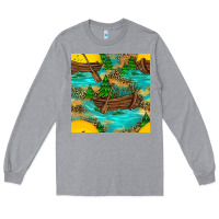 Heather Grey Lake Boat Rudder And Sunflowers Seamless Pattern Long Sleeve Tee - BundleAndBundleShop