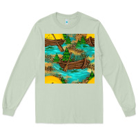 Matcha Lake Boat Rudder And Sunflowers Seamless Pattern Long Sleeve Tee - BundleAndBundleShop