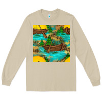 Mushroom Lake Boat Rudder And Sunflowers Seamless Pattern Long Sleeve Tee - BundleAndBundleShop