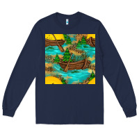 Navy Lake Boat Rudder And Sunflowers Seamless Pattern Long Sleeve Tee - BundleAndBundleShop