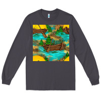 Smoke Lake Boat Rudder And Sunflowers Seamless Pattern Long Sleeve Tee - BundleAndBundleShop