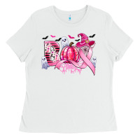 White boo pink pumpkin witch breast cancer Ladies Tee - CowGirlArtShop