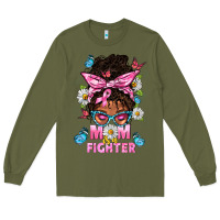Army Green Mom Is A Fighter And Afro Messy Bun Mom Long Sleeve Tee - BundleAndBundleShop