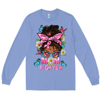 Colony Blue Mom Is A Fighter And Afro Messy Bun Mom Long Sleeve Tee - BundleAndBundleShop