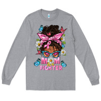 Heather Grey Mom Is A Fighter And Afro Messy Bun Mom Long Sleeve Tee - BundleAndBundleShop