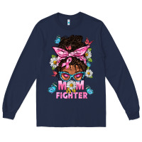 Navy Mom Is A Fighter And Afro Messy Bun Mom Long Sleeve Tee - BundleAndBundleShop
