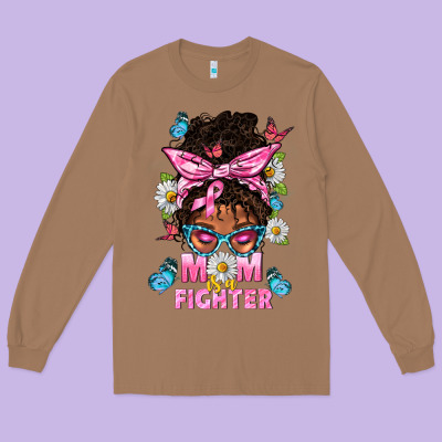 Mom Is A Fighter And Afro Messy Bun Mom Long Sleeve Tee Designed By Bundleandbundleshop