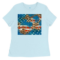 Baby Blue leopard glitter american flag Ladies Tee - CowGirlArtShop