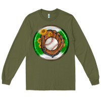 Army Green baseball with sunflower round earrings Long Sleeve Tee - BundleAndBundleShop