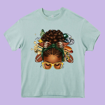 American Football Afro Messy Bun Heavy Core Tee Designed By Texasbilliewilder